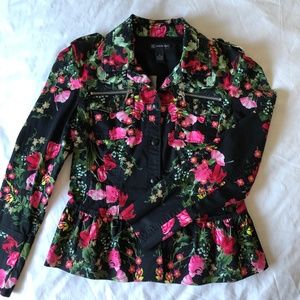 INC Spring Floral Print Peplum Jacket, M, Black
